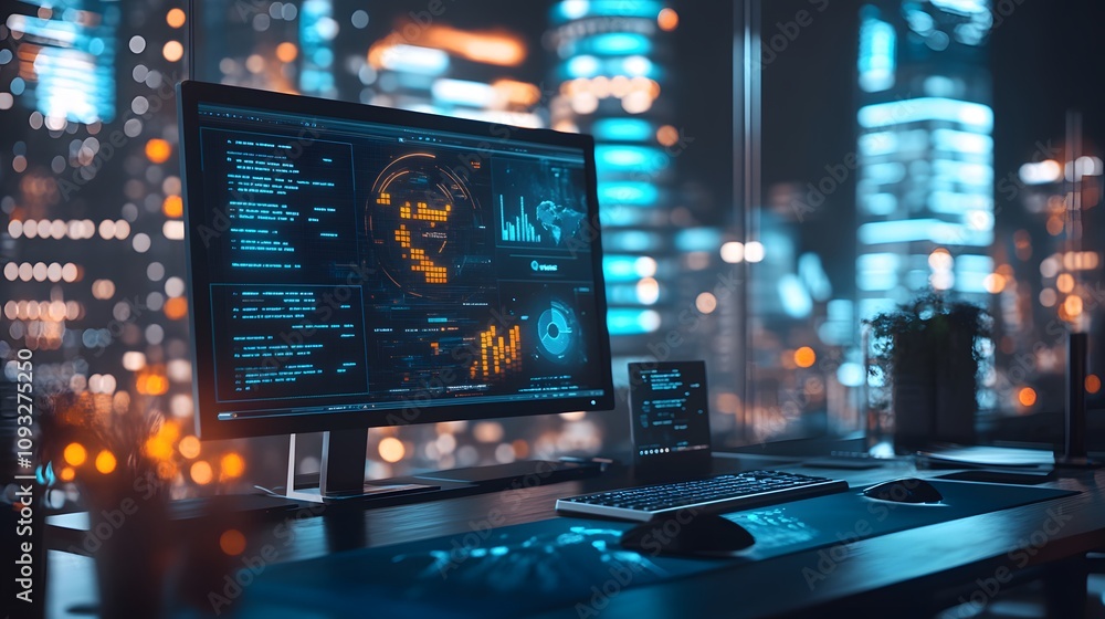 Poster A modern workspace featuring 3D glowing organizational decision-making paths with 2D predictive analytics. 4k resolution, Cinematic Scene