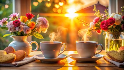 Fototapeta premium Romantic Good Morning Friday Night Photography: A Cozy Atmosphere with Soft Lighting, Coffee, and Heartfelt Moments to Celebrate Love and Togetherness at Dawn