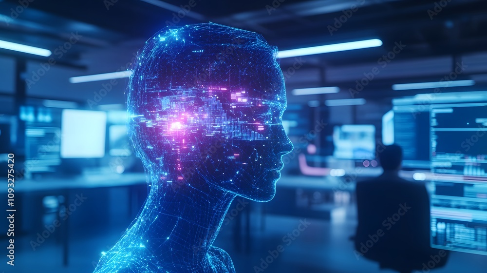 Poster a futuristic office showcasing a metaverse collaboration hub with 3d glowing avatars interacting in 