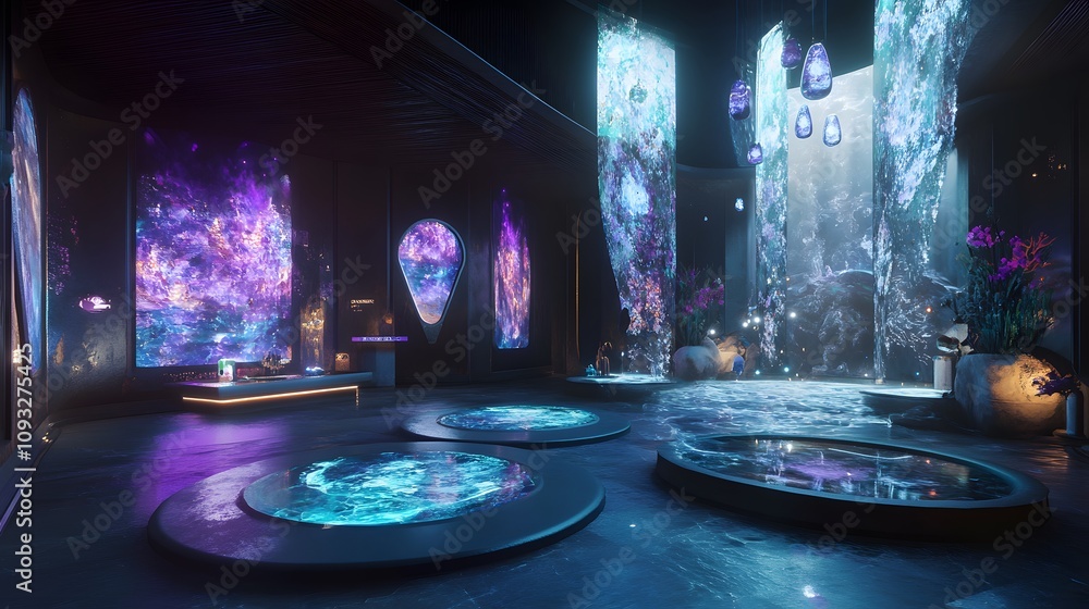 Poster A collaborative metaverse room featuring 3D interactive models of shared projects and 2D floating communication threads. 4k resolution, Cinematic Scene