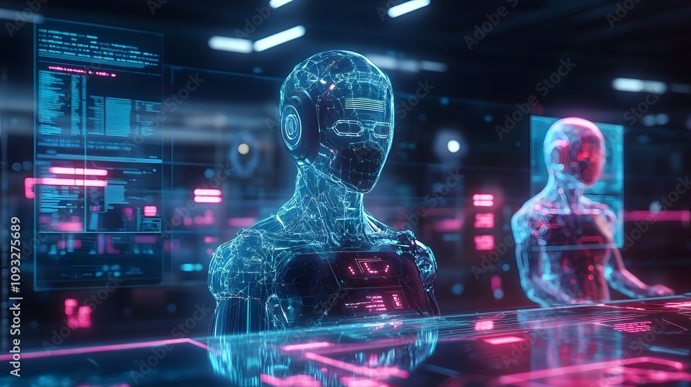 Poster A futuristic workspace where 3D glowing team member avatars collaborate on tasks with 2D animated progress updates. 4k resolution, Cinematic Scene