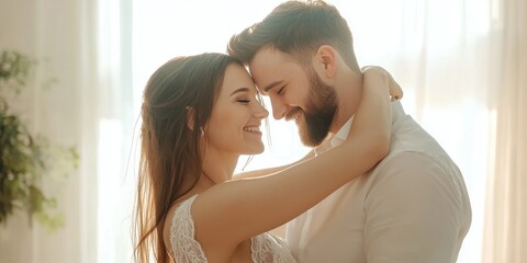 A romantic couple sharing a tender moment in a sunlit space, embodying love and intimacy.