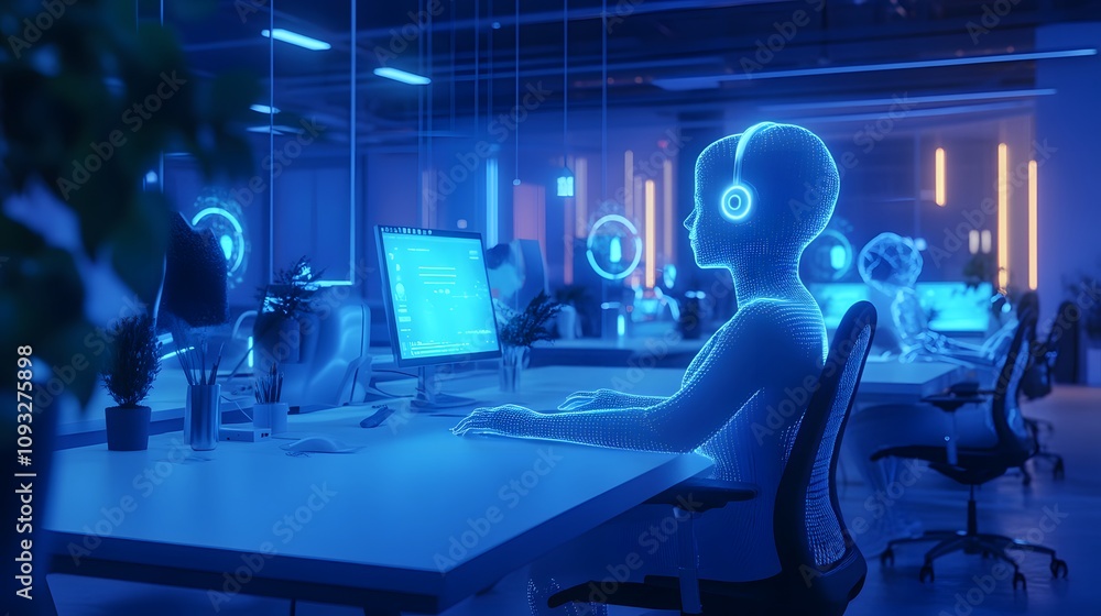 Poster A hybrid workspace where 3D glowing avatars interact in shared environments with 2D glowing task metrics. 4k resolution, Cinematic Scene