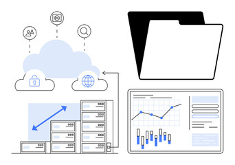 Fototapeta premium Cloud storage linked with security, user, and search icons. Servers with blue arrows showing data transfer. Large file folder and analytics display with bar and line graphs. Ideal for IT, data