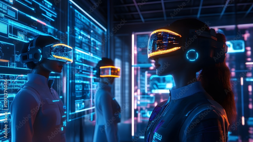 Poster a futuristic coworking environment in the metaverse where 3d glowing avatars engage with 2d real-tim