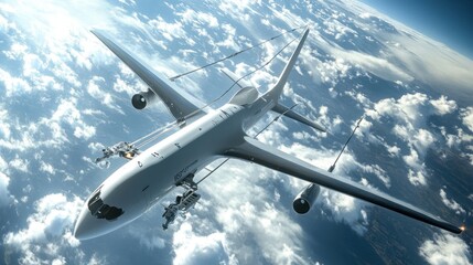 Fototapeta premium Military aircraft releasing ordnance above clouds.