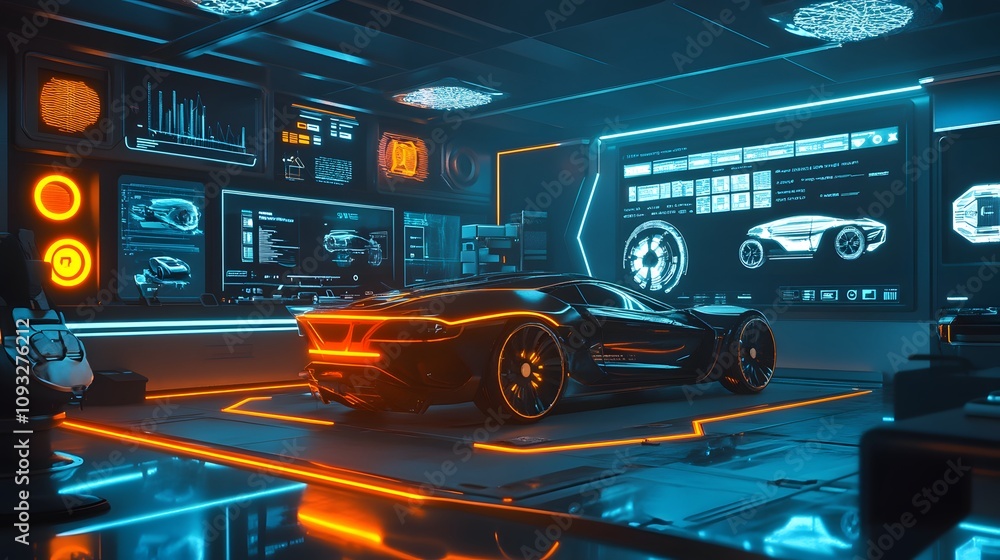 Poster a futuristic coworking space with 3d glowing electric vehicle designs and 2d task progress visuals. 