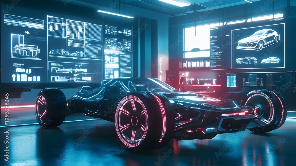 Poster a futuristic coworking space with 3d glowing electric vehicle designs and 2d task progress visuals. 