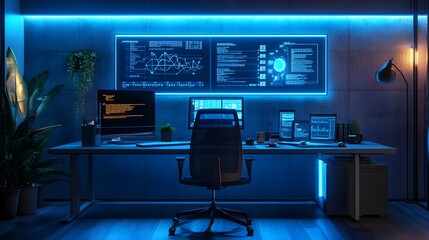 A minimalist office setup with 3D glowing carbon capture solutions and 2D floating project timelines. 4k resolution, Cinematic Scene