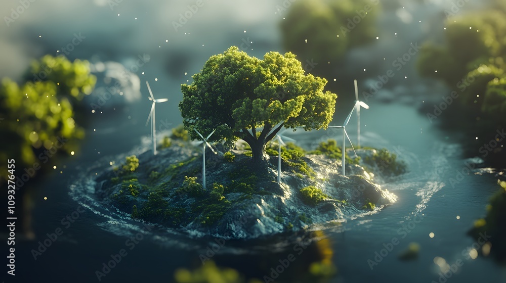 Poster a professional presenting 3d glowing environmental impact analyses with 2d floating renewable energy