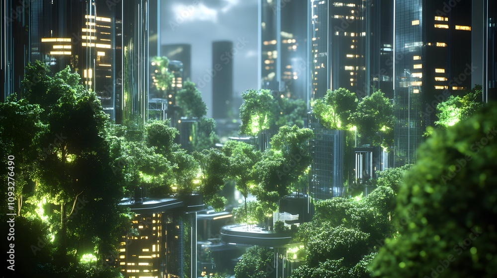 Poster A brainstorming workshop using 3D glowing urban green infrastructure models and 2D glowing progress metrics. 4k resolution, Cinematic Scene
