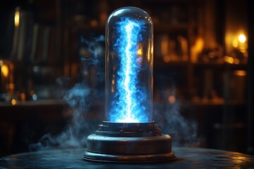 Blue energy light in a glass tube on a metal stand