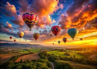 Fototapeta premium Romantic Hot Air Balloon Ride Over Scenic Landscape for Valentine's Day Celebration with Colorful Balloons in the Sky and Heart-Shaped Clouds