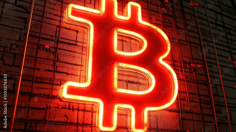 Poster neon bitcoin symbol illuminating a digital background with circuit patterns, representing cryptocurr