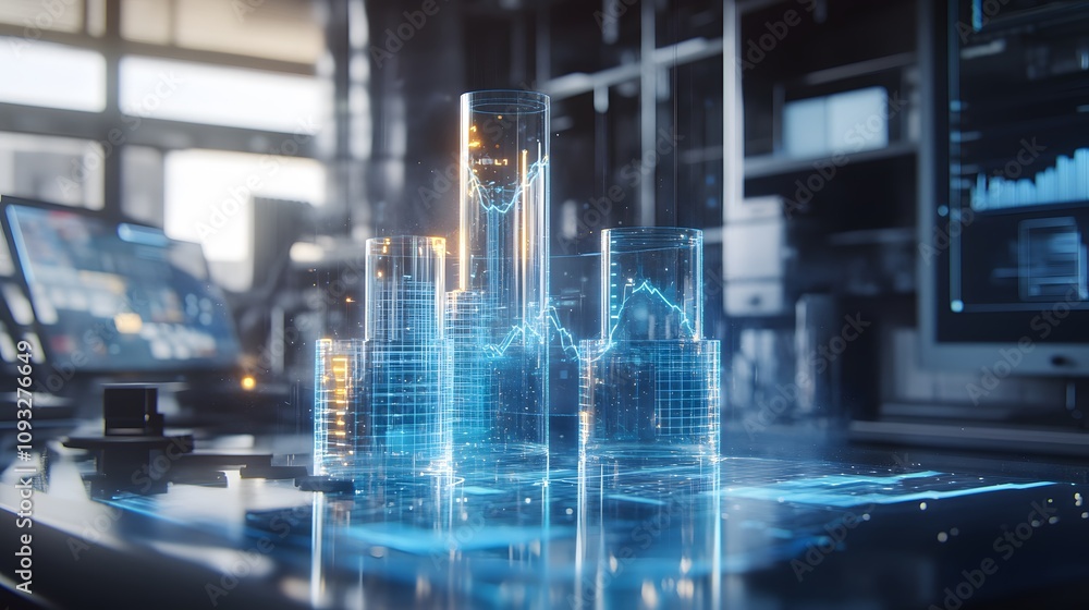 Poster a collaborative workspace featuring 3d glowing hydrogen energy models with 2d performance charts ove