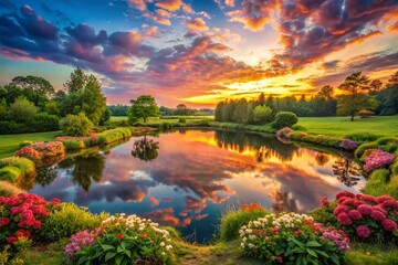 Romantic Landscape Embracing Valentine's Symbols: Heart-shaped Clouds Over Serene Lake at Sunset