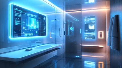 Fototapeta premium Futuristic smart bathroom with digital interfaces and glowing neon lights.