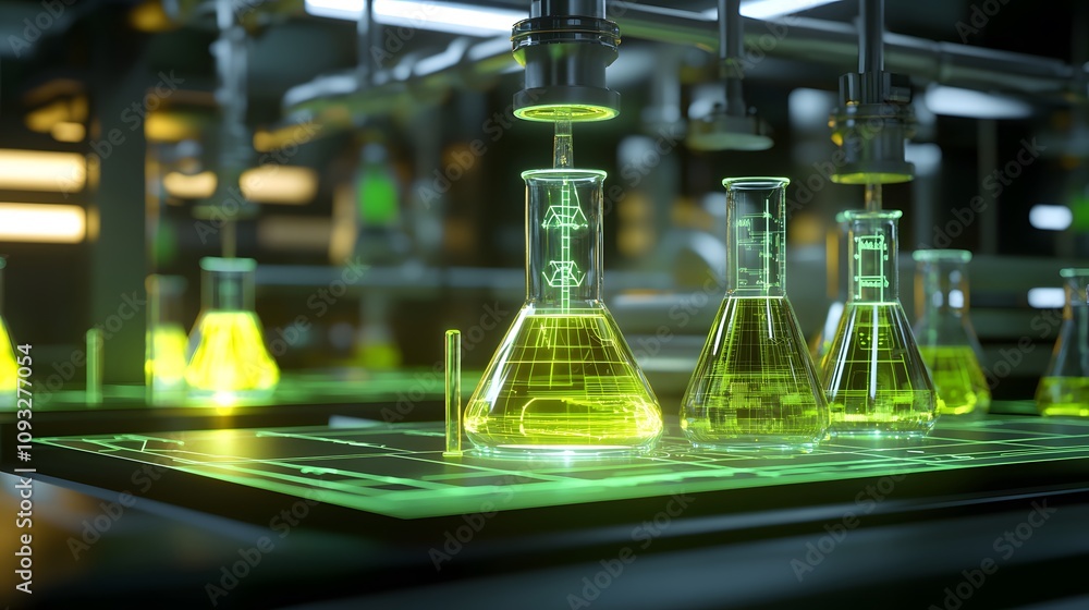 Poster A modern lab featuring 3D glowing renewable fuel diagrams with 2D real-time task execution guides. 4k resolution, Cinematic Scene