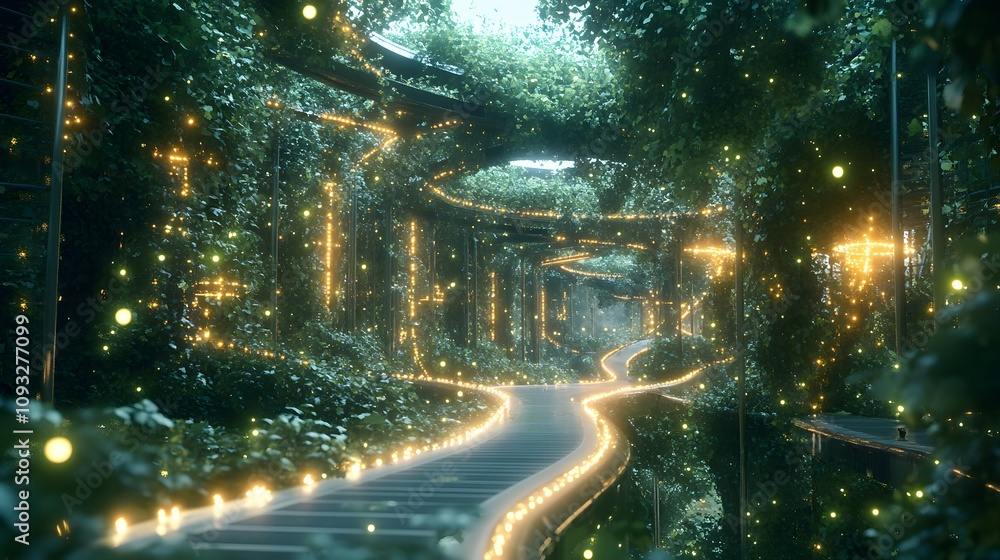 Poster a futuristic brainstorming space showcasing 3d glowing eco-innovation pathways with 2d glowing feedb