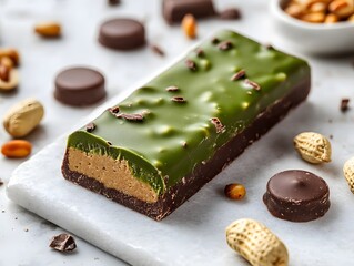 Dubai Chocolate bar with green kadayif and peanut butter on white stone table