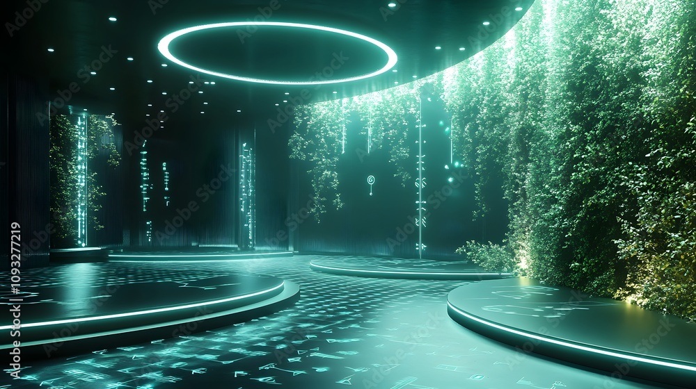 Poster a futuristic brainstorming space showcasing 3d glowing eco-innovation pathways with 2d glowing feedb
