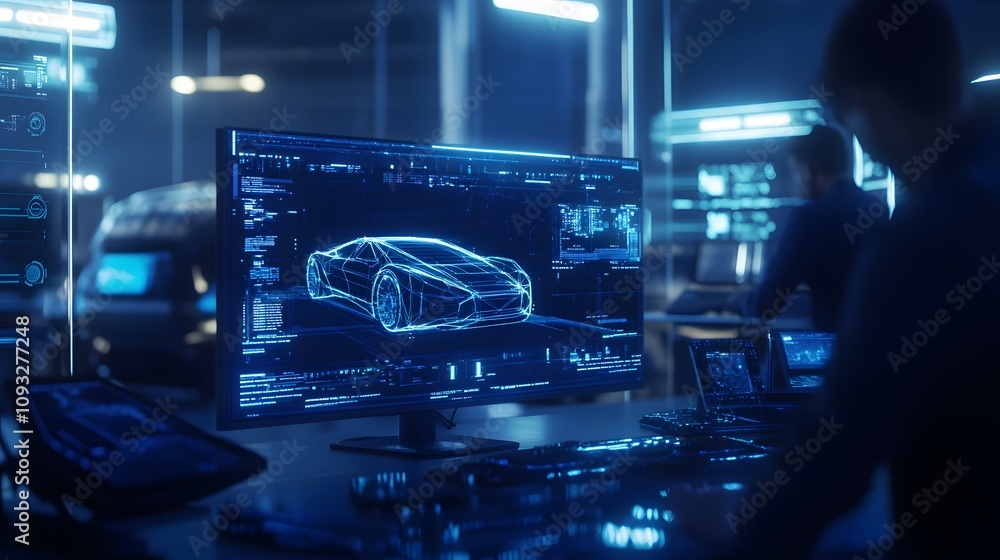 Poster A hybrid team using 3D glowing clean transportation designs and 2D task allocation tools in a digital studio. 4k resolution, Cinematic Scene