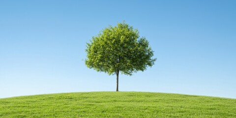 Obraz premium A solitary tree stands tall against a clear blue sky on a grassy hill.