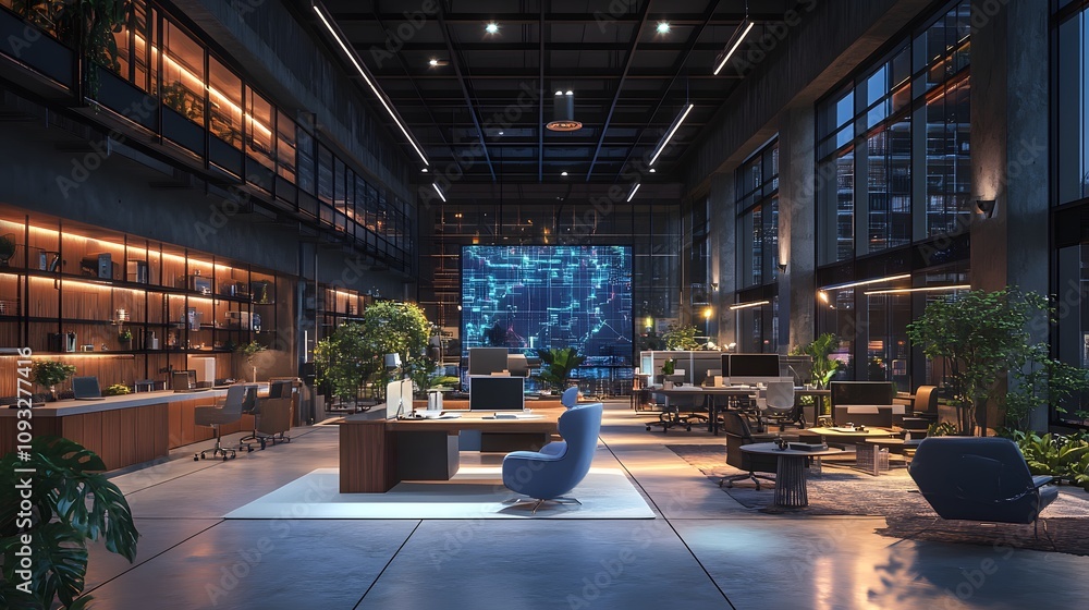 Poster A hybrid coworking hub integrating 3D glowing digital energy-efficient infrastructure maps and 2D visual feedback. 4k resolution, Cinematic Scene