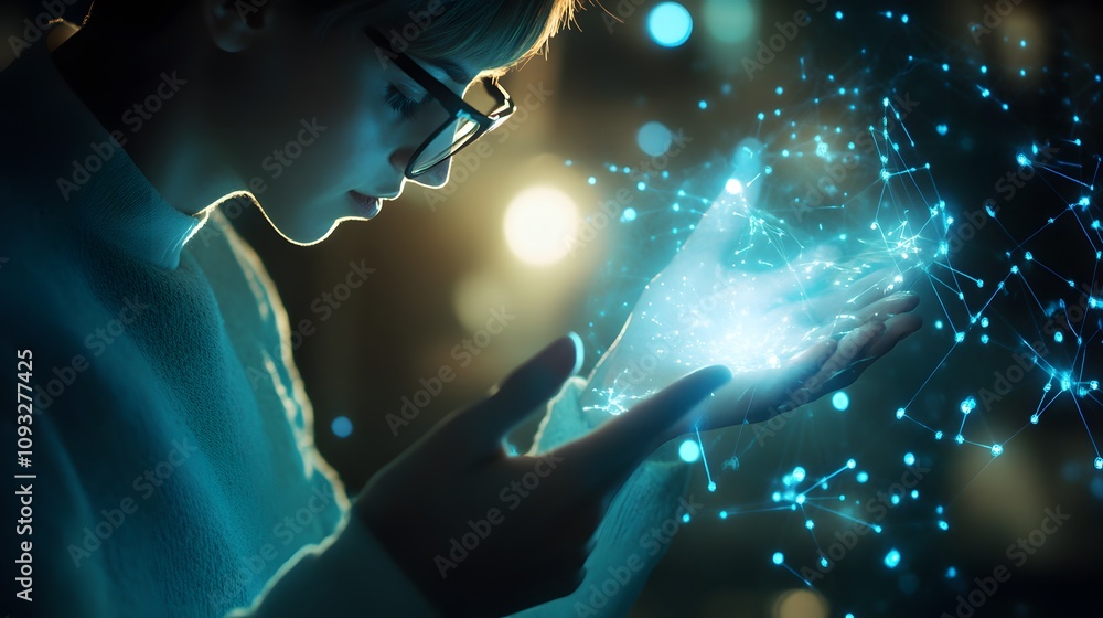 Poster a professional interacting with 3d glowing renewable innovation strategies paired with 2d animated p