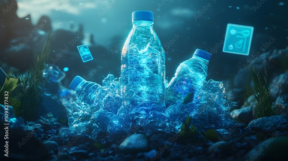 Poster a digital lab showcasing 3d glowing plastic waste solutions with 2d floating progress milestones. 4k