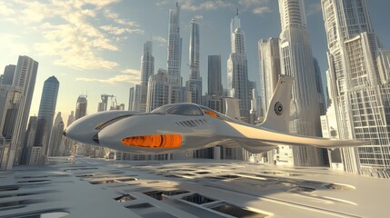 Naklejka premium Futuristic aircraft hovering above a modern cityscape at sunrise.