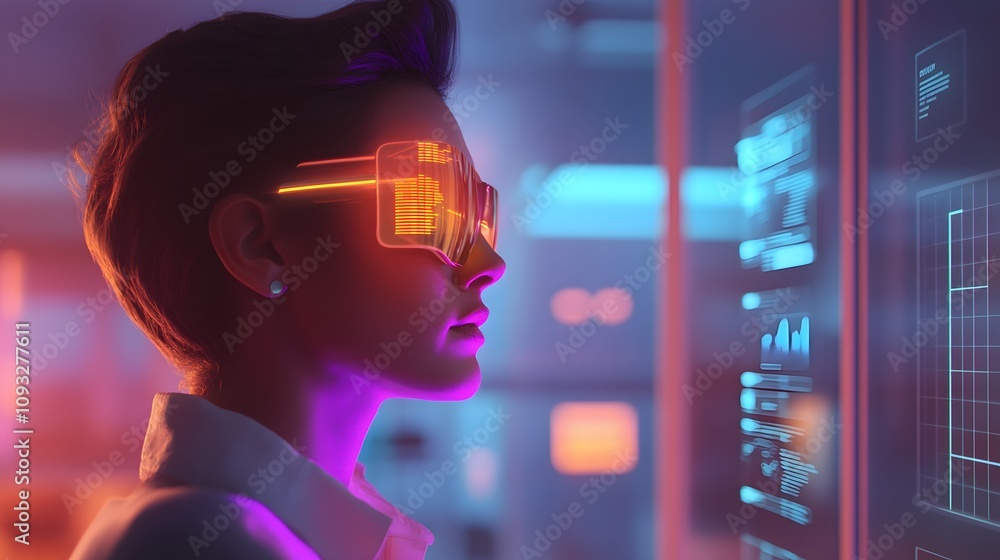 Poster A modern office worker wearing a 3D glowing wearable device that displays task metrics, with 2D animated notifications hovering nearby. 4k resolution, Cinematic Scene