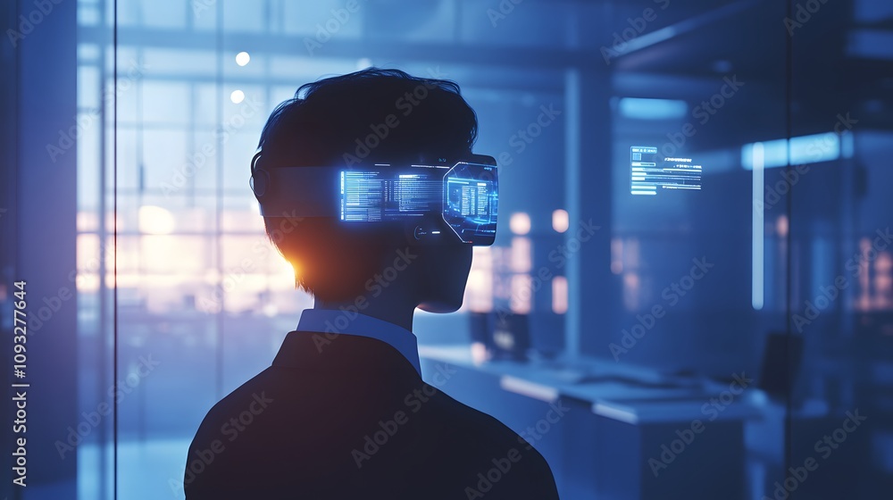 Aufkleber A modern office worker wearing a 3D glowing wearable device that displays task metrics, with 2D animated notifications hovering nearby. 4k resolution, Cinematic Scene