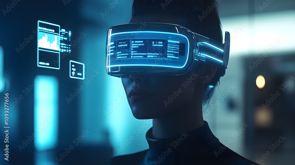 Poster a modern office worker wearing a 3d glowing wearable device that displays task metrics, with 2d anim