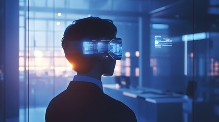 A modern office worker wearing a 3D glowing wearable device that displays task metrics, with 2D animated notifications hovering nearby. 4k resolution, Cinematic Scene