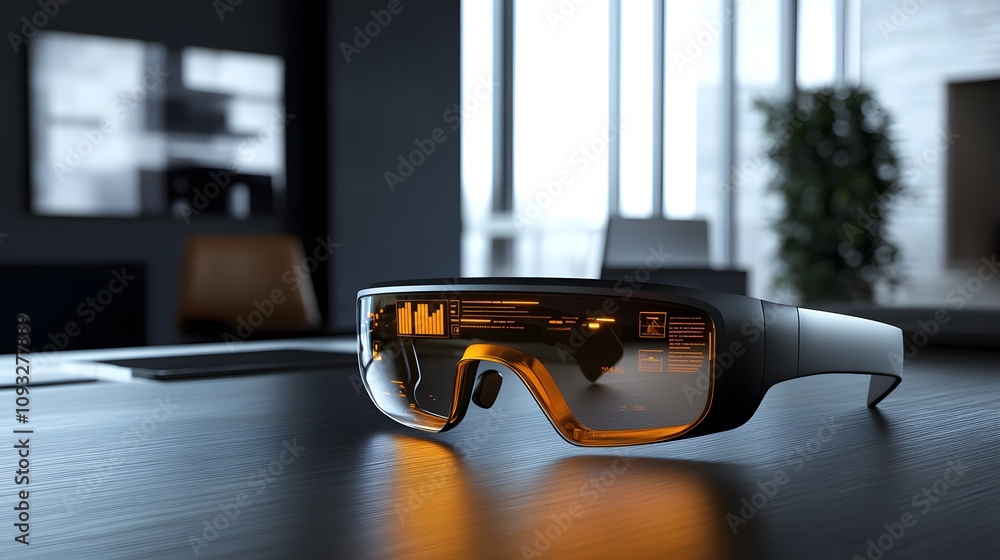 Poster a sleek office showcasing wearable augmented reality glasses projecting 3d data streams, with 2d act