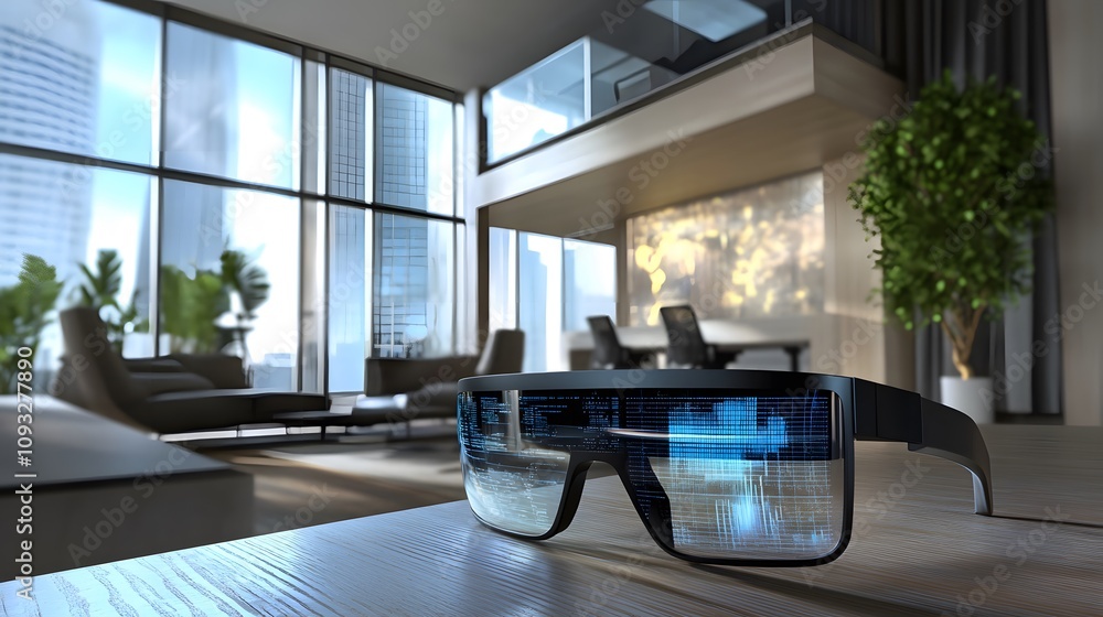 Poster a sleek office showcasing wearable augmented reality glasses projecting 3d data streams, with 2d act