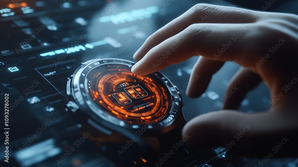 Poster A professional interacting with a 3D glowing smartwatch interface displaying real-time collaboration tools, with 2D task reminders. 4k resolution, Cinematic Scene