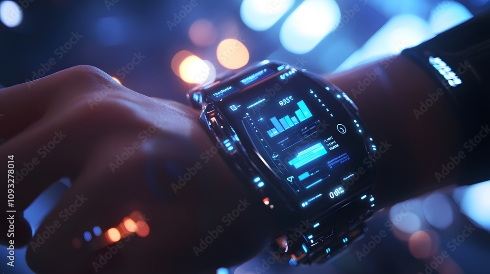 Poster A professional interacting with a 3D glowing smartwatch interface displaying real-time collaboration tools, with 2D task reminders. 4k resolution, Cinematic Scene