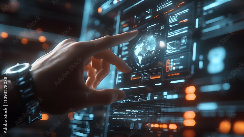 Poster A professional interacting with a 3D glowing smartwatch interface displaying real-time collaboration tools, with 2D task reminders. 4k resolution, Cinematic Scene
