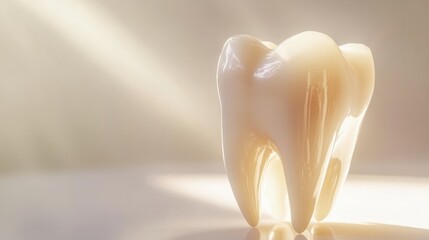 Healthy Tooth Close-Up: A close-up of a healthy tooth, shining bright against a soft white background. 