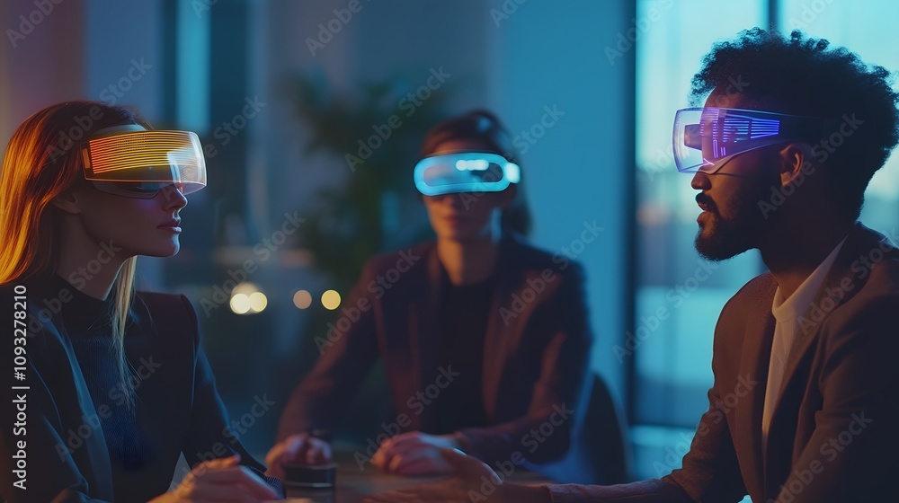 Aufkleber A team brainstorming session where participants use wearable tech projecting 3D holographic dashboards with 2D animated feedback loops. 4k resolution, Cinematic Scene