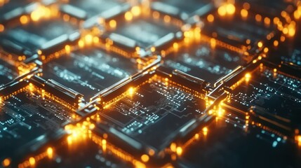 Obraz premium Close-up of glowing circuit boards, intricate technological pattern.