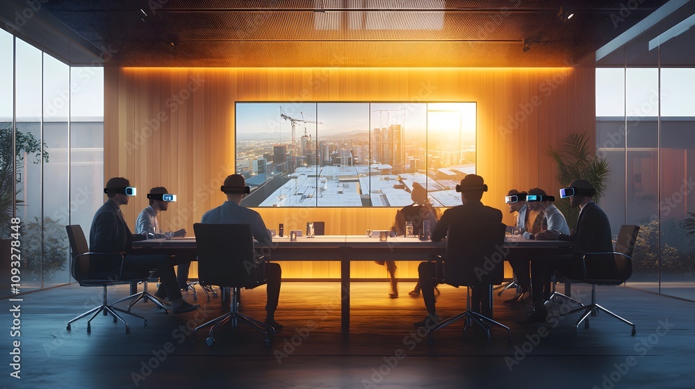 Poster A collaborative meeting room integrating wearable augmented reality glasses that display 3D project plans with 2D decision metrics. 4k resolution, Cinematic Scene