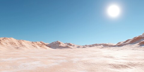 Fototapeta premium A vast, sunlit desert landscape with gentle hills under a clear blue sky.