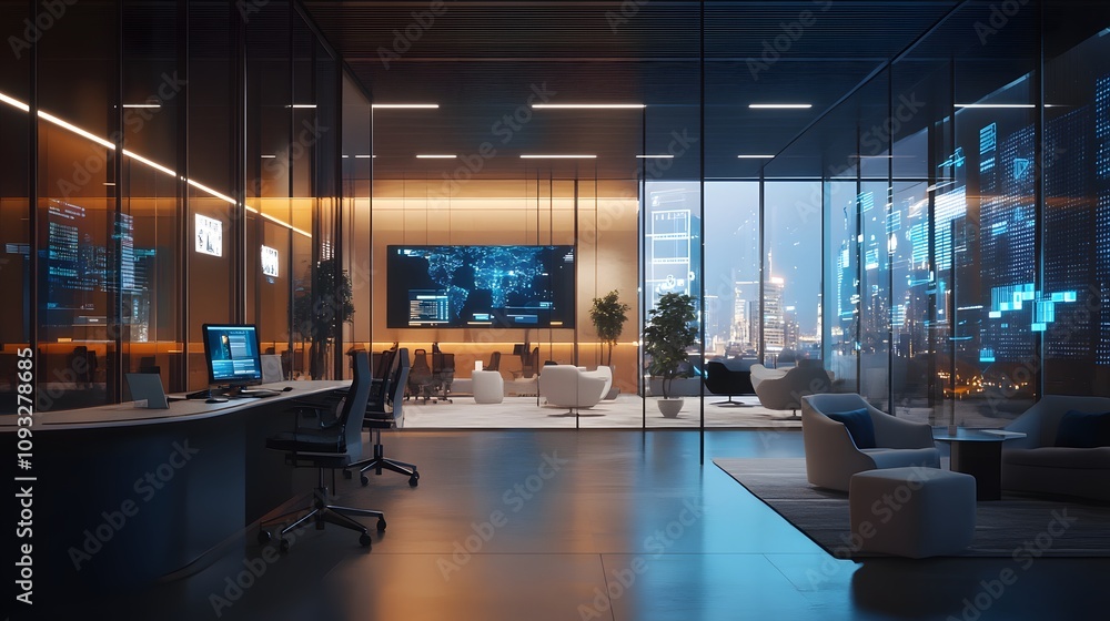 Poster a corporate brainstorming hub where employees leverage wearable wrist devices to display 3d glowing 
