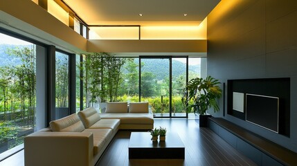 Modern living room with large windows, beige sofa, and green plants offering scenic views.