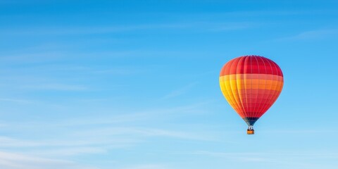 Naklejka premium A vibrant hot air balloon floats gracefully in a clear blue sky.