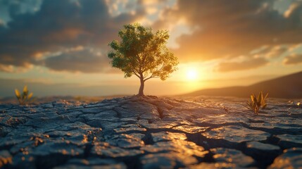 A Resilient Tree Standing Alone on Cracked Earth at Sunset, Surrounded by Soft Golden Light and a Dramatic Sky, Symbolizing Hope and Survival in Nature