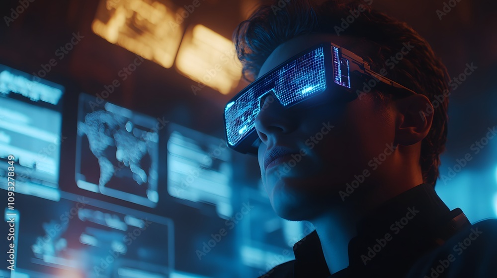 Poster a professional presenting a project using wearable smart glasses to display 3d glowing innovation ma